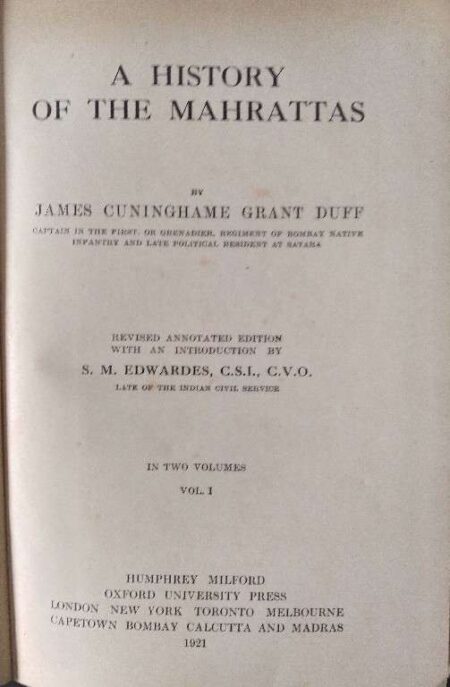 A HISTORY OF THE MAHRATTAS VOL 1 BY JAMES CUNINGHAME GRANT DUFF