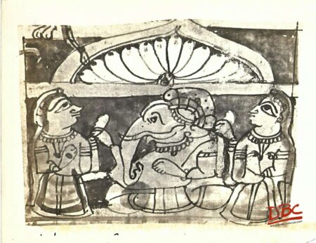 Rajasthan Painting on cloth folk Ganesh with two females