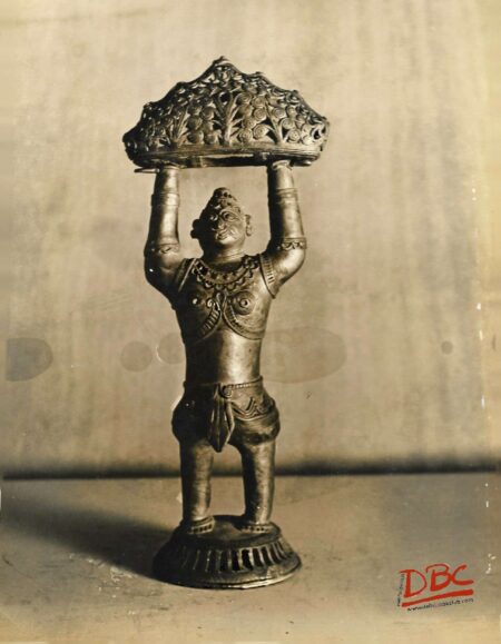 standing hanumman with the gandhawadan parvat ones his handle dhokra art brass w. bengal