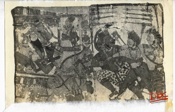 Sagria is Sees Killing on the Charing While Lakshmana Injured By Indrajit Arrows Is Being Taken Away Carefullu By Hanumana Bihisan Painting Follk (Ramanyana)